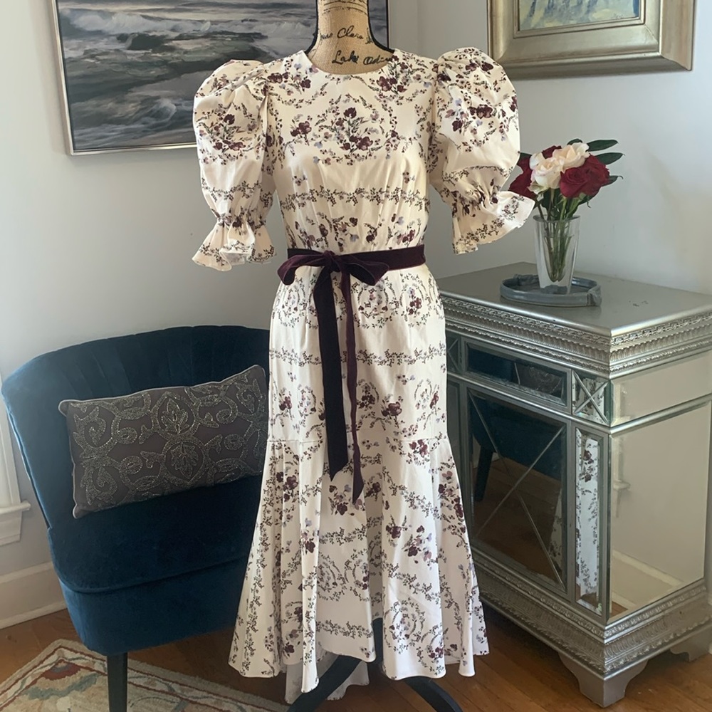 NICOLA BATHIE Antonio Melani Designer floral puff sleeve ivory purple dress  8